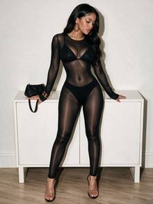 SHEIN Foxxy Women's Solid Color Round Neck Long Sleeve Sexy Bodysuit Halloween Club Night Out Black Autumn - Black - View 2