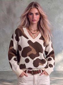 SHEIN ChicEase Women's Jacquard Colorblock Street Style Loose Long Sleeve Sweater - Multicolor - View 1