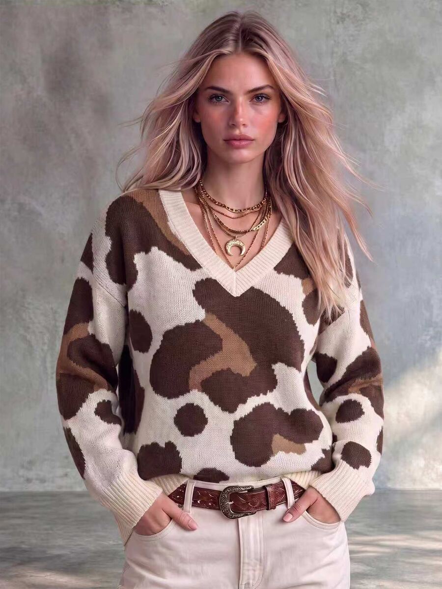 SHEIN ChicEase Women's Jacquard Colorblock Street Style Loose Long Sleeve Sweater - Multicolor - View 1