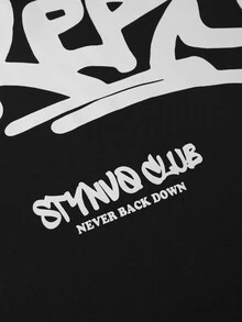 STYNVO 男士字母印花長袖休閒街頭風連帽衛衣，校園休假風，黑白配色，秋季款 - 黑色 - 查看 5