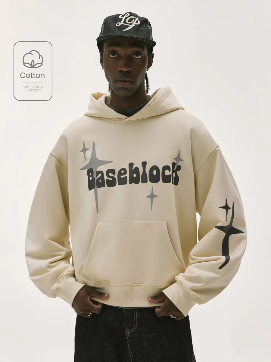 Baseblock 男士米色復古Y2K街頭風短版套頭連帽衛衣,泡泡字體字母與星爆圖案長袖運動衫,休閒外出演唱會音樂節夜店穿搭上衣 - 彩色 - 查看 1