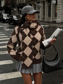 Struktiv 秋冬時尚百搭氛圍感女款鑽石格紋毛衣，棕色學院風優雅早午餐穿搭 - 棕色 - 查看 7