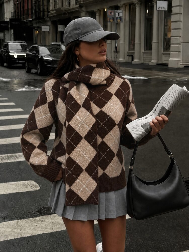 Struktiv Autumn/Winter Fashion Versatile Atmosphere Women's Diamond Grid Sweater Brunch Brown Preppy Elegant - Brown - View 1