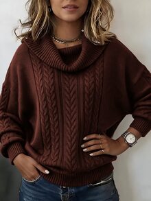 Elouméa كنزة صوفية محبوكة بكابلات بياقة مجعدة للنساء، متعددة الاستخدامات للتنقل اليومي والكاجوال، موضة خريف/شتاء، بني داكن، مناسبة لعيد الشكر ووجبات الغداء المتأخرة - عنابي اللون - مشاهدة 7