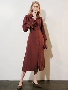 Aveloria Modichic Dress A-Line Textured Woven Organ Pleated Button Ruffle Cuff Belted Slit Elegant Burgundy Solid Shirt Dress Maxi Vintage Commuter Christmas - Rust Brown - View 5