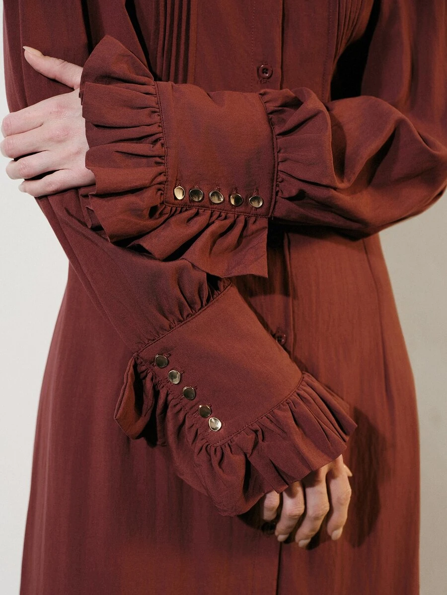 Aveloria Modichic Dress A-Line Textured Woven Organ Pleated Button Ruffle Cuff Belted Slit Elegant Burgundy Solid Shirt Dress Maxi Vintage Commuter Christmas - Rust Brown - View 1