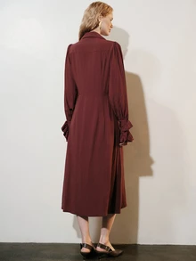 Aveloria Modichic Dress A-Line Textured Woven Organ Pleated Button Ruffle Cuff Belted Slit Elegant Burgundy Solid Shirt Dress Maxi Vintage Commuter Christmas - Rust Brown - View 4