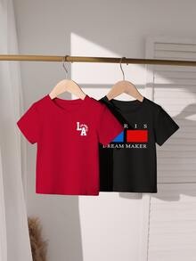 Vacaura 2 RANDOM T-SHIRT Little Boy Black White Gray Khaki Navy Blue Red, Letter Print Random 2pcs Crew Neck T-Shirt Casual Sports Street Style College Suitable For Spring Summer Autumn 4-7y - Black - View 2