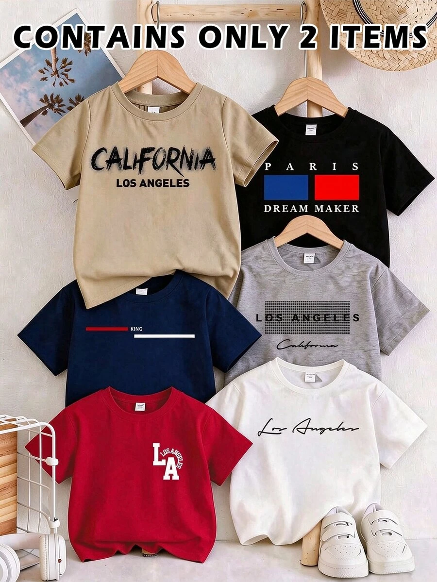 Vacaura 2 RANDOM T-SHIRT Little Boy Black White Gray Khaki Navy Blue Red, Letter Print Random 2pcs Crew Neck T-Shirt Casual Sports Street Style College Suitable For Spring Summer Autumn 4-7y - Black - View 1