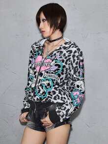 ROMWE Grunge Punk Street Style Leopard Print Bottom Colorful Skull Graphic Women's Sweatshirt - Dark Grey - View 6