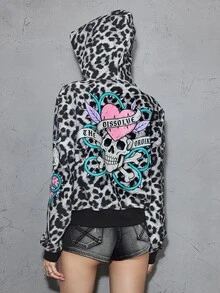 ROMWE Grunge Punk Street Style Leopard Print Bottom Colorful Skull Graphic Women's Sweatshirt - Dark Grey - View 5
