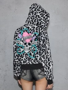 ROMWE Grunge Punk Street Style Leopard Print Bottom Colorful Skull Graphic Women's Sweatshirt - Dark Grey - View 2