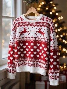 SHEIN LUNE Women's All-Over Print Casual Versatile Daily Long Sleeve Sweater Christmas Pullover Santa Ungly Knitwear Snowflake Winter Festival Clothes For Party - Red - View 9