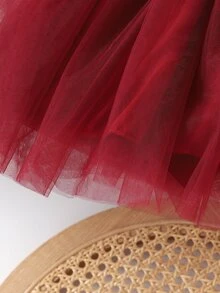 SHEIN Young Girl Tutu Dress Princess Red Ribbed Bow Mesh Patchwork Long Sleeve Round Neck Regular Birthday Baby Shower Party Fall Christmas - Burgundy - View 7
