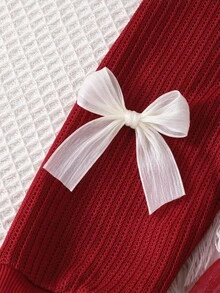 SHEIN Young Girl Tutu Dress Princess Red Ribbed Bow Mesh Patchwork Long Sleeve Round Neck Regular Birthday Baby Shower Party Fall Christmas - Burgundy - View 8