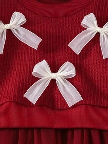 SHEIN Young Girl Tutu Dress Princess Red Ribbed Bow Mesh Patchwork Long Sleeve Round Neck Regular Birthday Baby Shower Party Fall Christmas - Burgundy - View 6