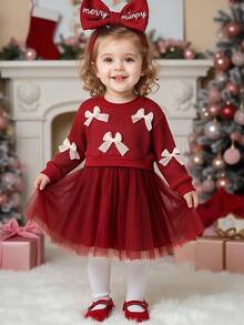SHEIN Young Girl Tutu Dress Princess Red Ribbed Bow Mesh Patchwork Long Sleeve Round Neck Regular Birthday Baby Shower Party Fall Christmas - Burgundy - View 1