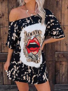 LanaWest Women's Letter & Lip Print Casual Summer Mini Dress - Black - View 4