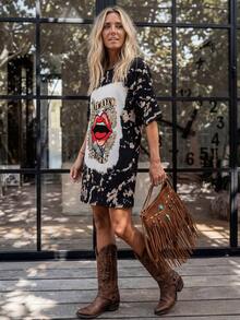 LanaWest Women's Letter & Lip Print Casual Summer Mini Dress - Black - View 5