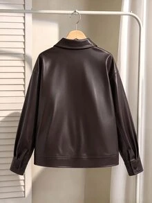 SHEIN 青少年女孩冬季長袖抓絨外套，時尚百搭街頭風寬鬆純色夾克，休閒棕色假期穿搭 - 棕色 - 查看 2
