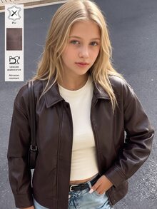 SHEIN 青少年女孩冬季長袖抓絨外套，時尚百搭街頭風寬鬆純色夾克，休閒棕色假期穿搭 - 棕色 - 查看 1