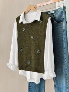 Solavon 女款花卉刺繡圓領針織背心，秋季返校深綠色學院風 - 軍綠色 - 查看 2