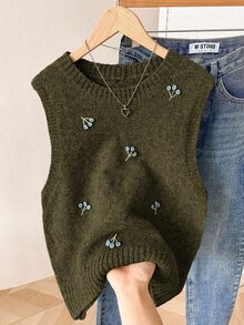 Solavon 女款花卉刺繡圓領針織背心，秋季返校深綠色學院風 - 軍綠色 - 查看 3