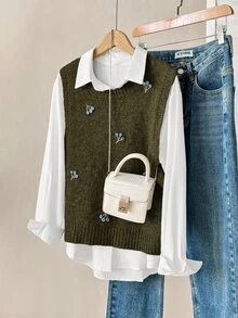 Solavon 女款花卉刺繡圓領針織背心，秋季返校深綠色學院風 - 軍綠色 - 查看 4