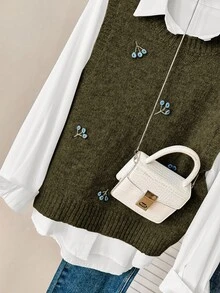 Solavon 女款花卉刺繡圓領針織背心，秋季返校深綠色學院風 - 軍綠色 - 查看 6