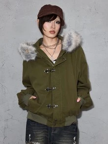 ROMWE Street Life Women's Denim Jacket, Vintage Washed, Airplane Button, Street Retro American Style, Fur Collar, Olive Green - Olive Green - View 3
