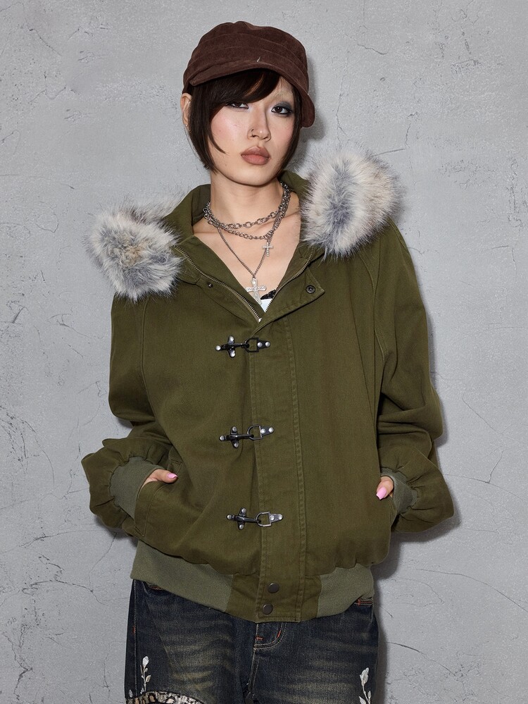 ROMWE Street Life 女款牛仔夾克，復古水洗，飛機鈕扣，街頭復古美式風，毛領，橄欖綠 - 橄欖綠 - 查看 3