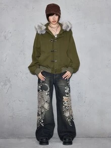 ROMWE Street Life Women's Denim Jacket, Vintage Washed, Airplane Button, Street Retro American Style, Fur Collar, Olive Green - Olive Green - View 6