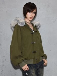 ROMWE Street Life Women's Denim Jacket, Vintage Washed, Airplane Button, Street Retro American Style, Fur Collar, Olive Green - Olive Green - View 4