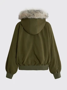 ROMWE Street Life Women's Denim Jacket, Vintage Washed, Airplane Button, Street Retro American Style, Fur Collar, Olive Green - Olive Green - View 9