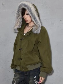 ROMWE Street Life Women's Denim Jacket, Vintage Washed, Airplane Button, Street Retro American Style, Fur Collar, Olive Green - Olive Green - View 7