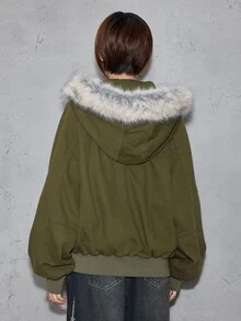 ROMWE Street Life Women's Denim Jacket, Vintage Washed, Airplane Button, Street Retro American Style, Fur Collar, Olive Green - Olive Green - View 5