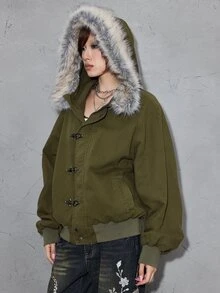 ROMWE Street Life Women's Denim Jacket, Vintage Washed, Airplane Button, Street Retro American Style, Fur Collar, Olive Green - Olive Green - View 1