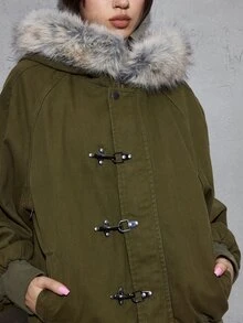 ROMWE Street Life Women's Denim Jacket, Vintage Washed, Airplane Button, Street Retro American Style, Fur Collar, Olive Green - Olive Green - View 2