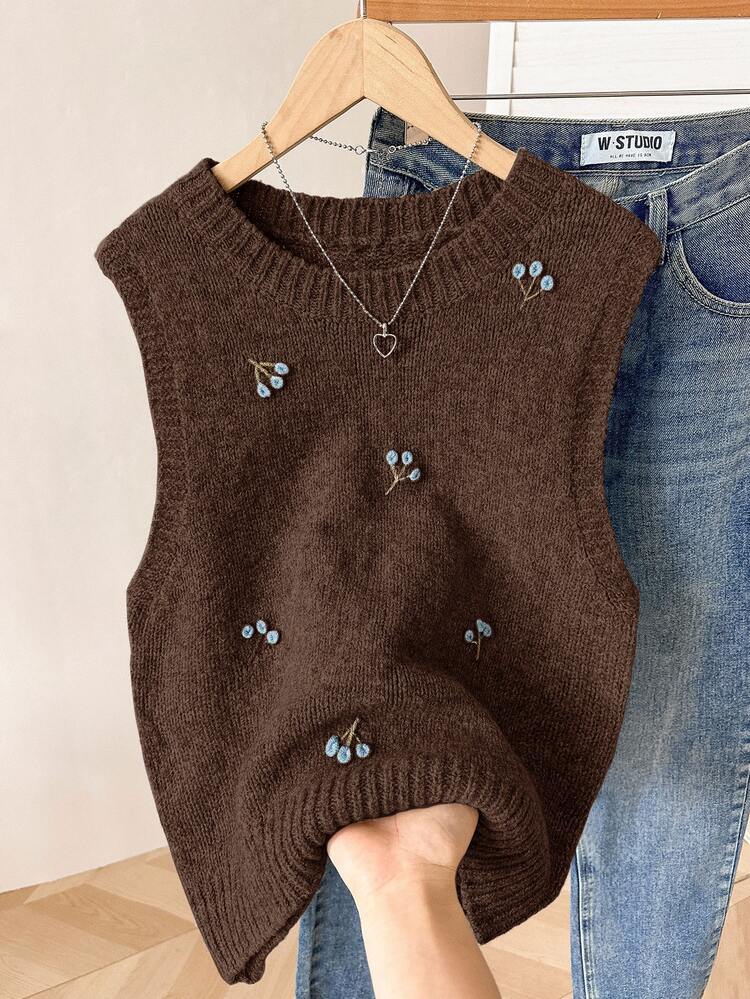 Solavon 女款花卉刺繡圓領針織背心，適合秋冬 - 咖啡棕 - 查看 3