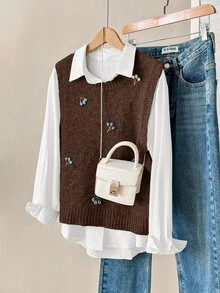 Solavon 女款花卉刺繡圓領針織背心，適合秋冬 - 咖啡棕 - 查看 4