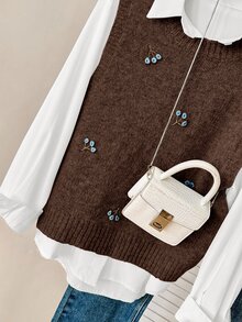 Solavon 女款花卉刺繡圓領針織背心，適合秋冬 - 咖啡棕 - 查看 6