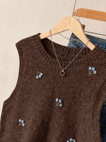 Solavon 女款花卉刺繡圓領針織背心，適合秋冬 - 咖啡棕 - 查看 5