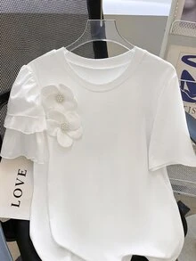 INAWLY 大码夏季休闲3D立体花卉装饰圆领短袖T恤 - 白色 - 查看 3