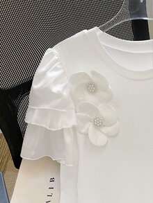 INAWLY 大码夏季休闲3D立体花卉装饰圆领短袖T恤 - 白色 - 查看 4