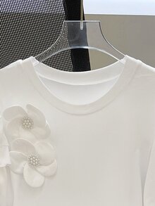 INAWLY 大码夏季休闲3D立体花卉装饰圆领短袖T恤 - 白色 - 查看 5