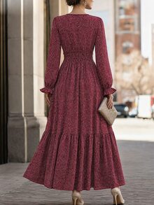 SHEIN Ditsy Floral Print Flounce Sleeve Shirred Dress For New Year Clothes Maxi Women Outfit - Red - View 2