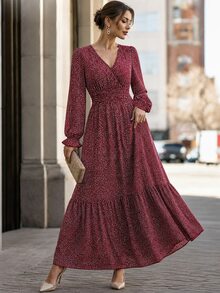 SHEIN Ditsy Floral Print Flounce Sleeve Shirred Dress For New Year Clothes Maxi Women Outfit - Red - View 4