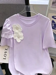 Franclia 大尺碼女款夏季休閒可愛仙氣優雅度假風不對稱花卉3D短袖寬鬆T恤 約會之夜早午餐 粉色花卉 - 淡紫色 - 查看 3