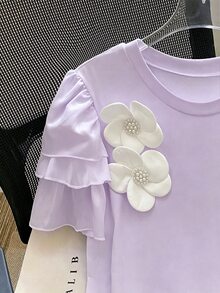 Franclia 大尺碼女款夏季休閒可愛仙氣優雅度假風不對稱花卉3D短袖寬鬆T恤 約會之夜早午餐 粉色花卉 - 淡紫色 - 查看 4