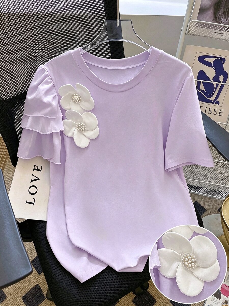 Franclia 大尺碼女款夏季休閒可愛仙氣優雅度假風不對稱花卉3D短袖寬鬆T恤 約會之夜早午餐 粉色花卉 - 淡紫色 - 查看 1